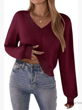 V-Neck Cropped Sweater Long Lantern Sleeve Ribbed Knit Pullover Crop Top
